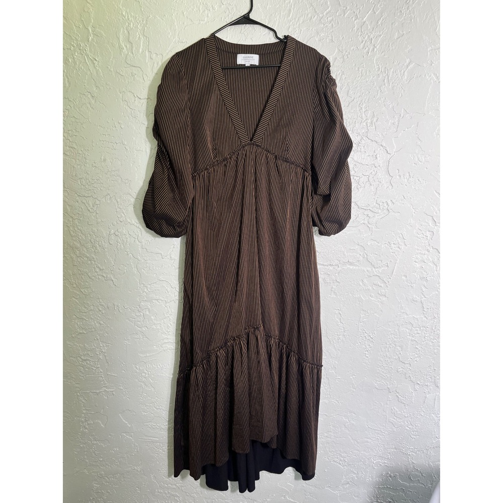 La Ligne New York Brown Gold Pinstripe Puff Sleeve V-Neck Midi Dress Large